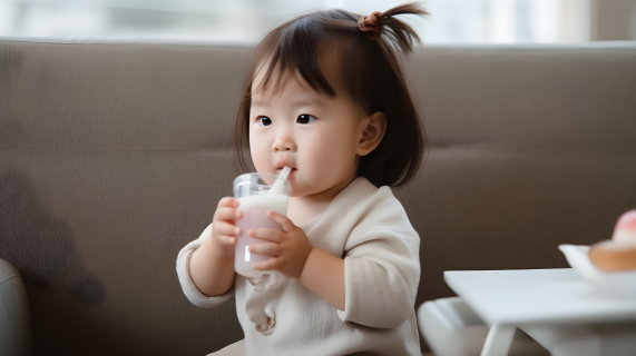亚洲女婴喝冰沙摄影图片