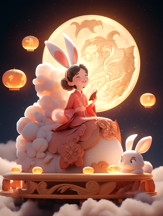 古风公主与兔子的中秋游戏摄影版权图片下载