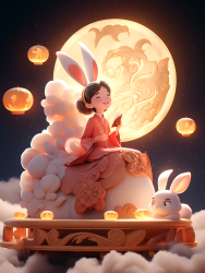 古风公主与兔子的中秋游戏摄影图片