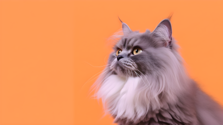 橙色背景中的毛茸茸猫咪摄影图片