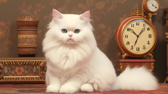 白猫坐在地毯旁的时钟前摄影图