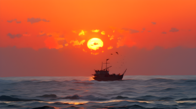 海上夕阳中的船只摄影图片