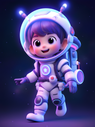 太空人男孩带着工具箱在蓝紫色月球坑背景下的令人兴奋和超可爱的大眼模特摄影图片