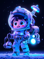 太空人男孩带着工具箱在蓝紫色月球坑背景下的摄影图片