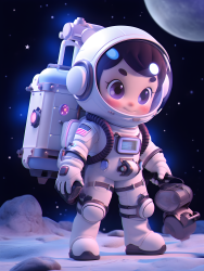 太空服男孩在蓝紫色月球坑背景摄影图片