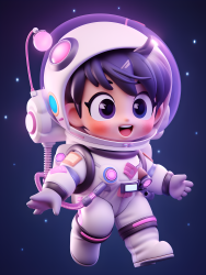 太空男孩穿着宇航服，背负工具箱，在蓝紫色月球撞击坑背景下的令人兴奋和超可爱大眼模特摄影图