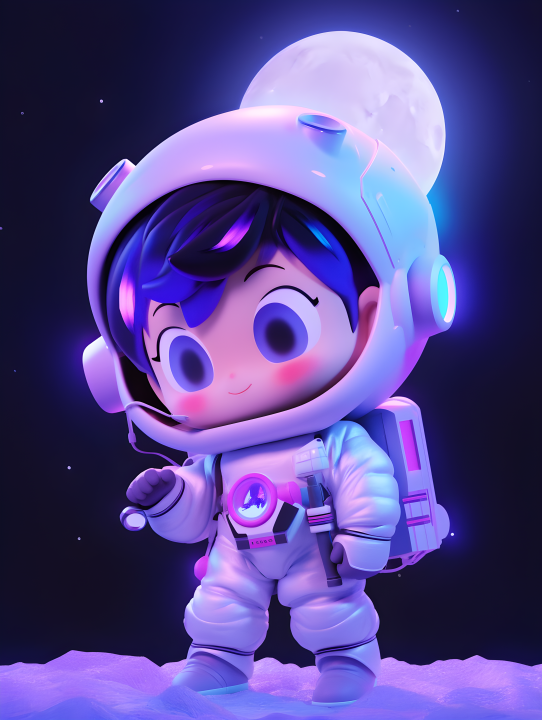 宇航员男孩在蓝紫色月球坑背景下戴着太空服和工具箱的摄影版权图片下载
