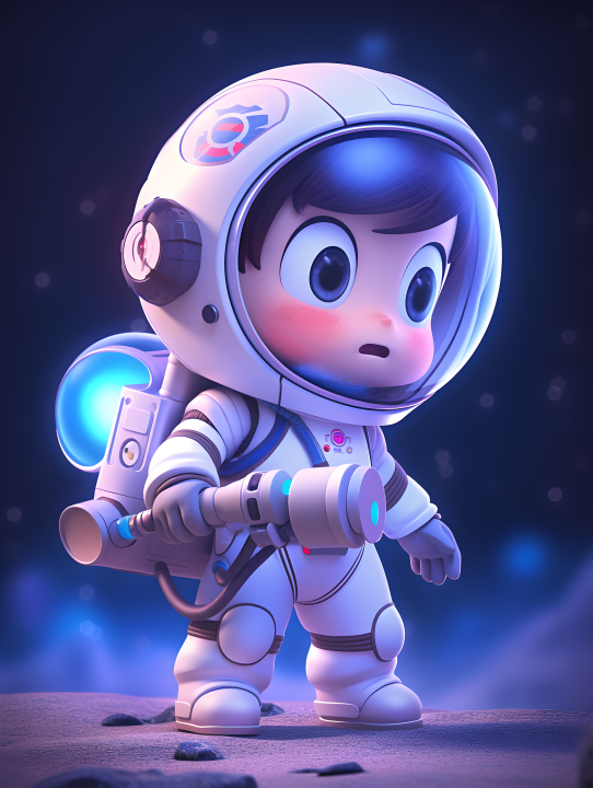 宇航员男孩在蓝紫色月球坑背景中带着工具箱的超可爱大眼模特摄影版权图片下载
