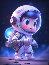 宇航员男孩在蓝紫色月球坑背景中带着工具箱的超可爱大眼模特摄影图片