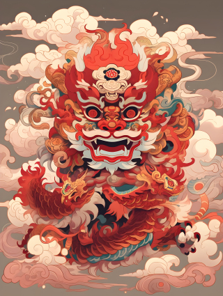 祥云笼罩的十二生肖怪兽摄影图片