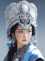 中国传统民族服饰深空蓝和浅银风格摄影图片