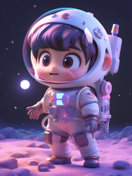 宇航员男孩在蓝紫色月球坑背景下戴着太空服和携带工具箱的摄影图片