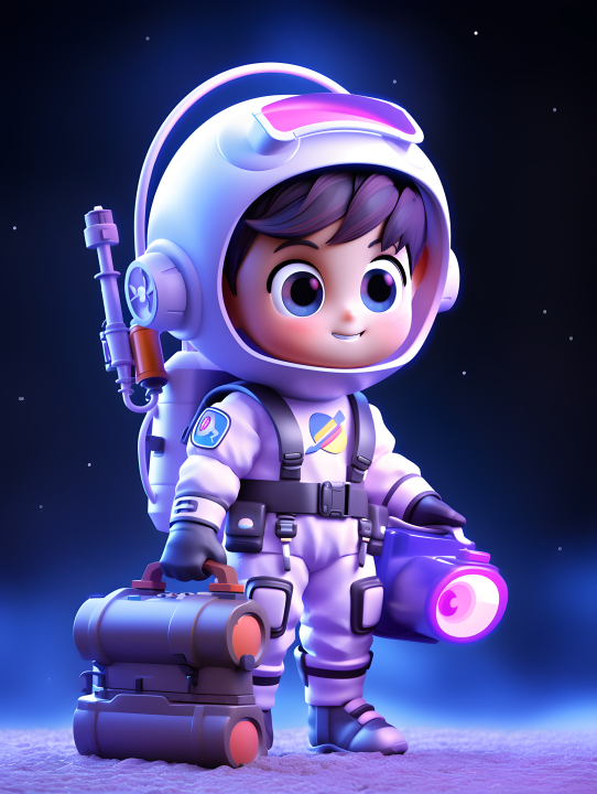 宇航员男孩穿着太空服携带工具包在蓝紫色月球坑背景中的摄影版权图片下载