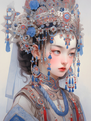 中国深天蓝和浅银色风格的传统民族服装摄影图片