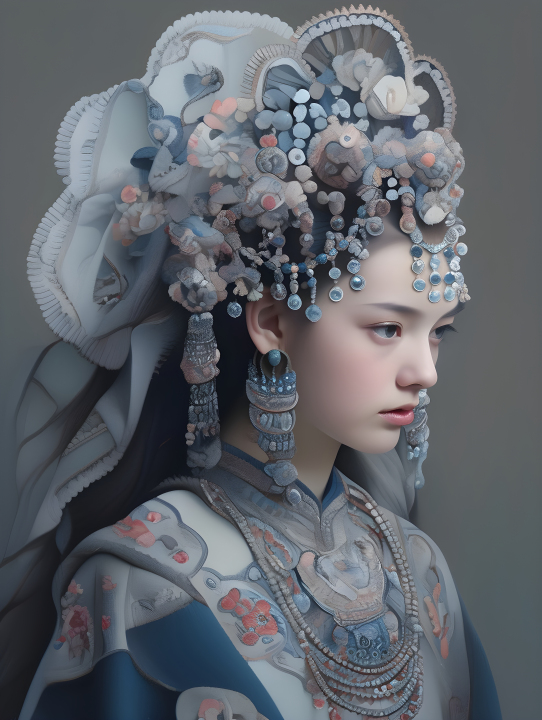 中国传统族群服饰深天蓝与浅银风格摄影版权图片下载
