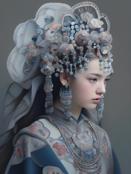 中国传统族群服饰深天蓝与浅银风格摄影图片