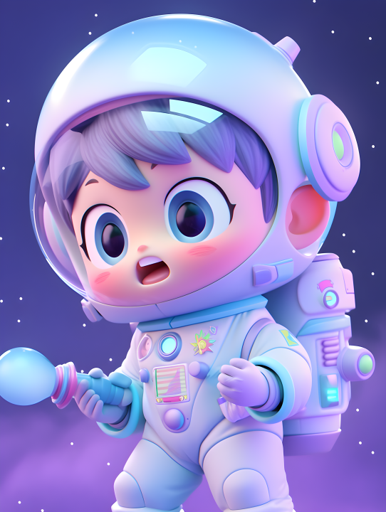太空少年携带工具箱，蓝紫色月球坑背景的摄影版权图片下载