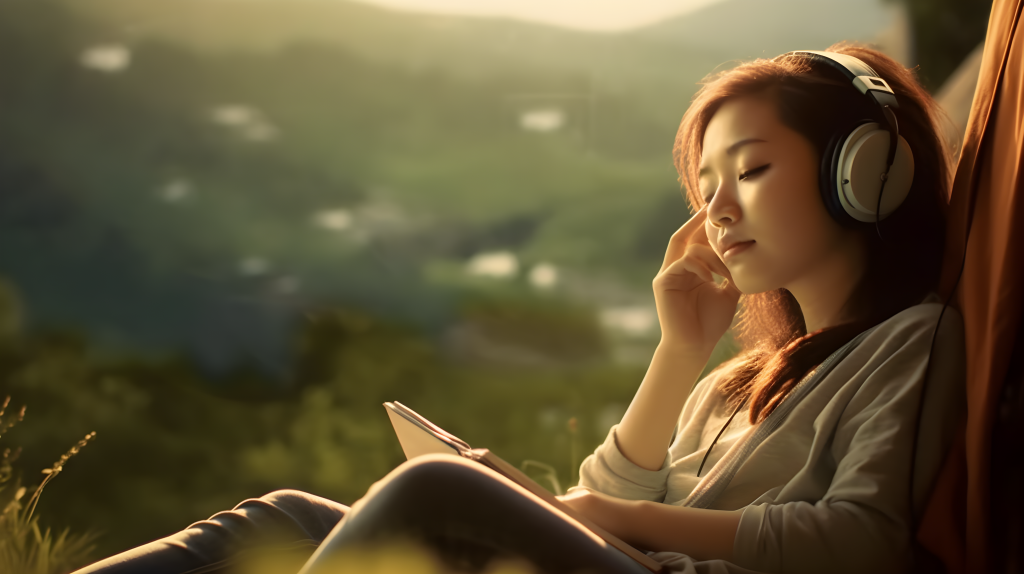 亚洲女孩聆听音乐的摄影图片