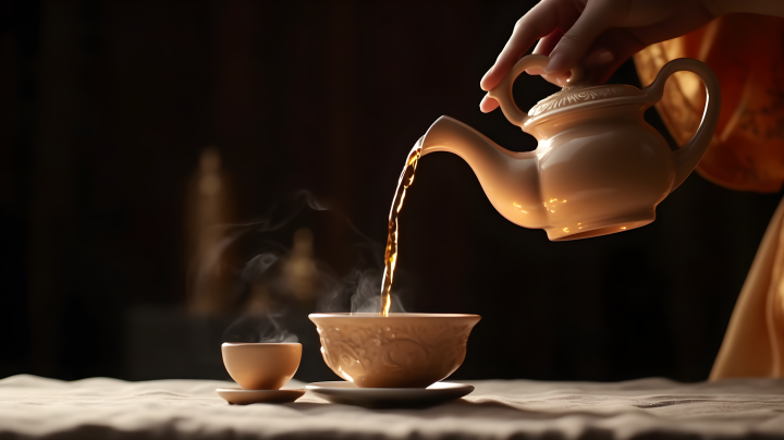 金黄琥珀色的恒温壶中注入浓郁的茶水摄影版权图片下载