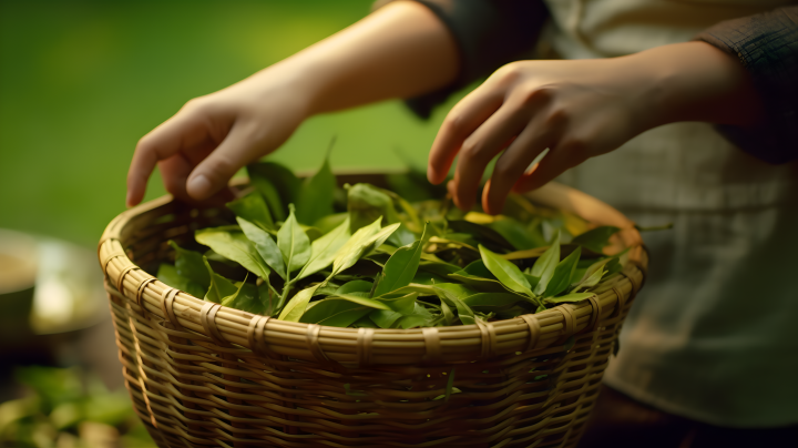 柔和有机的绿茶叶篮子摄影版权图片下载