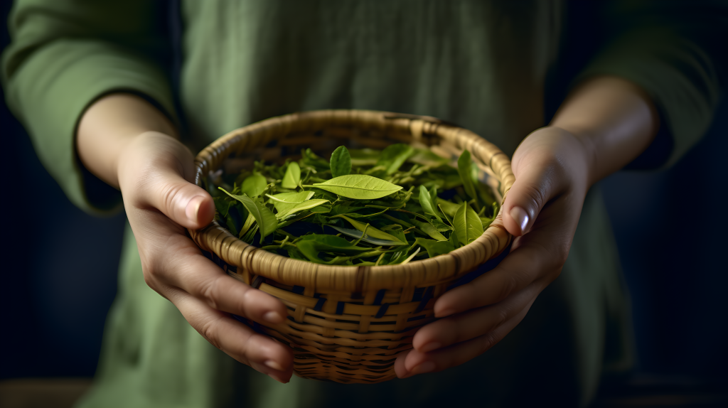 绿茶叶篮子摄影图片