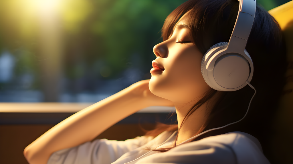 女孩倾听音乐的摄影图片