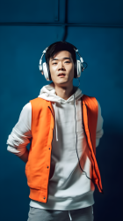 亚洲男子戴耳机听音乐摄影图片