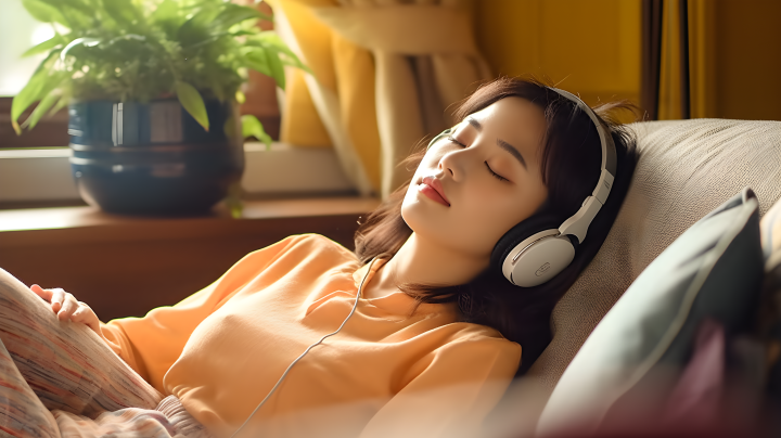 亚洲女性沙发上戴耳机听音乐摄影版权图片下载