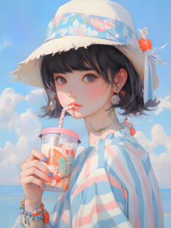少女斜纹帽喝苏打水的油画