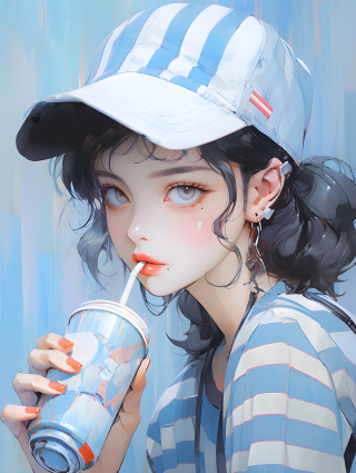 条纹帽少女喝苏打水油画摄影图