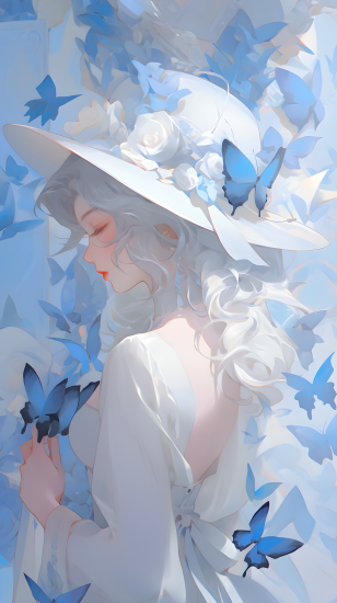 白帽中的蝴蝶女孩摄影图