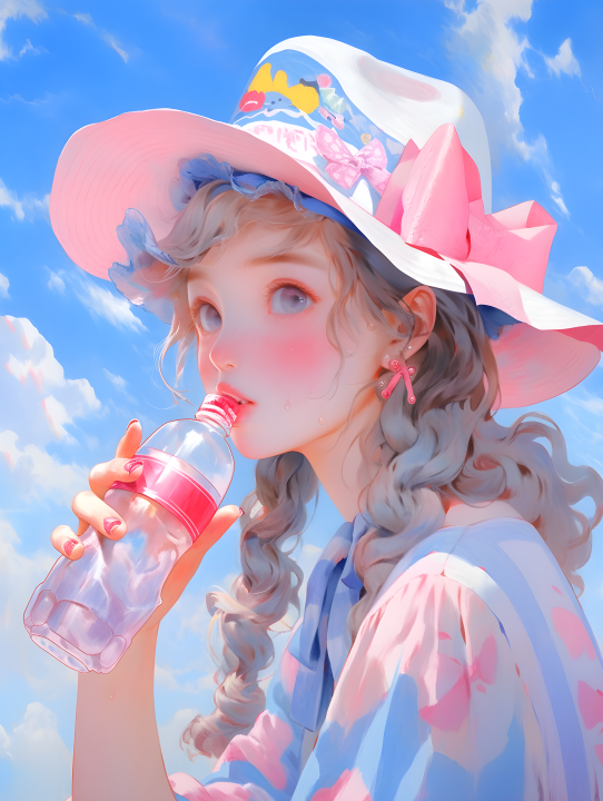 多巴胺独特风格的可爱少女喝苏打水的油画摄影图版权图片下载