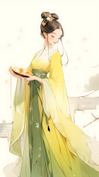 中国传统风情，黄绿国色长裙的摄影图片