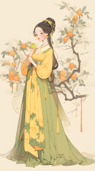 中国古风女子黄绿汉服摄影图片