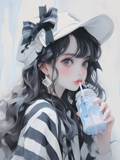 条纹帽少女喝苏打水的油画摄影图