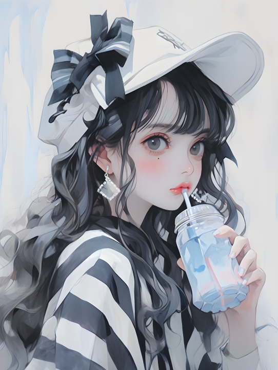 条纹帽少女喝苏打水的油画摄影图版权图片下载