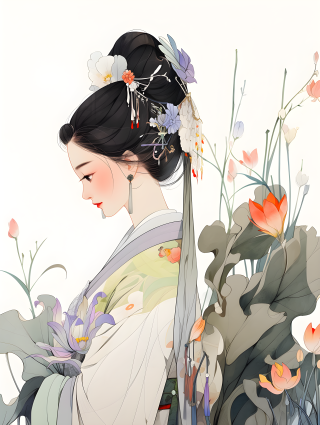 中国古代美女绣制的渐变色块画作，充满柔软、大胆和优雅，摄影图片