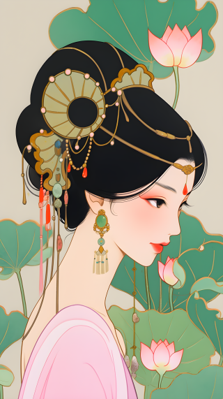 莲叶中的女艺术家摄影图