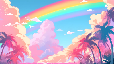 唯美彩虹夏日海边五彩斑斓的椰树摄影图片
