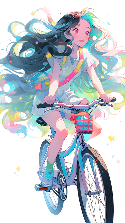 星星艺术团风格的长发彩色骑自行车的女孩摄影图片