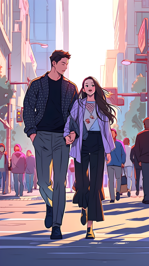 城市漫步中的时尚男女摄影图