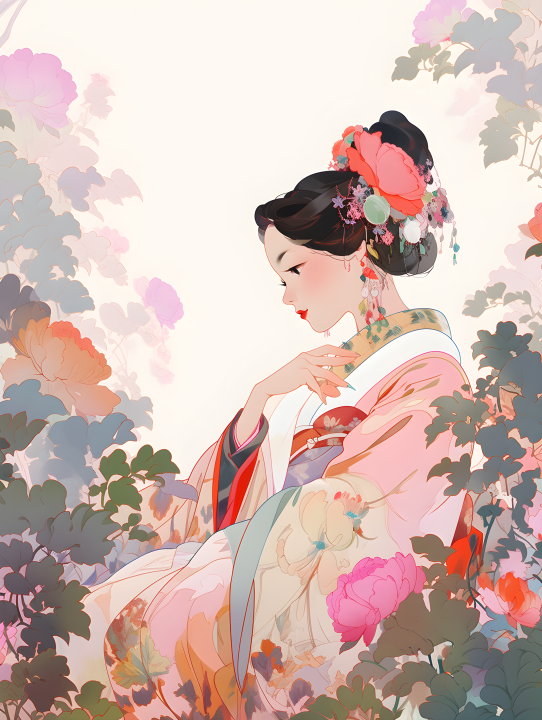 古色古香的中国美女缝制的渐变色块摄影版权图片下载