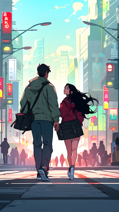 都市步行街游玩的情侣摄影图
