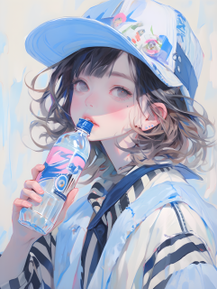 可爱风格的条纹帽女孩喝苏打水的油画摄影图片