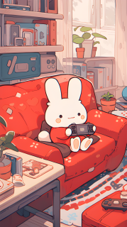 红色兔子在沙发上与游戏机摄影图片