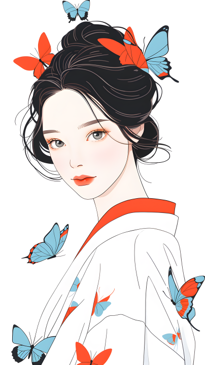 蓝眼白衣蝴蝶和风的中国女子摄影版权图片下载