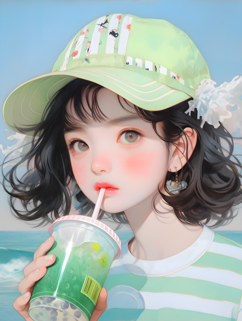 绿色条纹帽少女喝苏打水油画摄影图