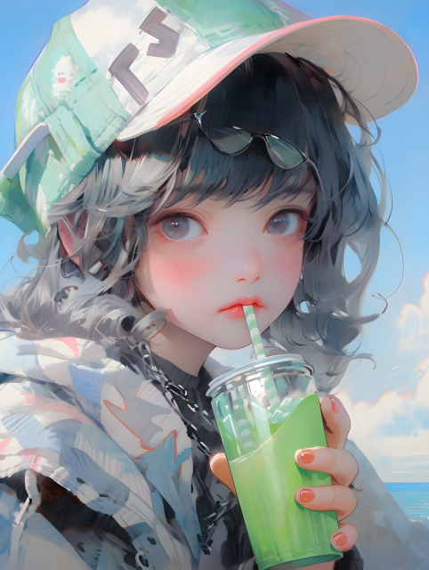 花帽少女喝苏打水油画摄影图