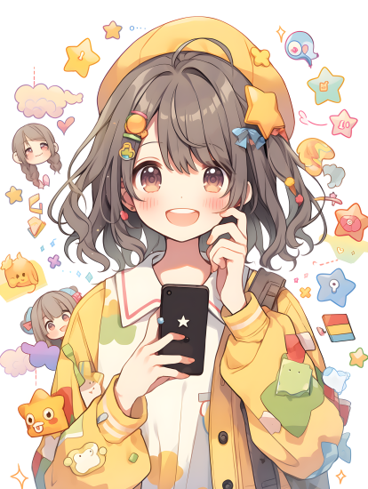 多彩工装少女使用各种图案、文字和表情设备的摄影图片