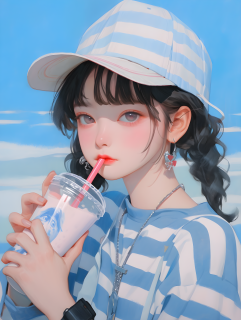条纹帽少女喝苏打水的油画摄影图